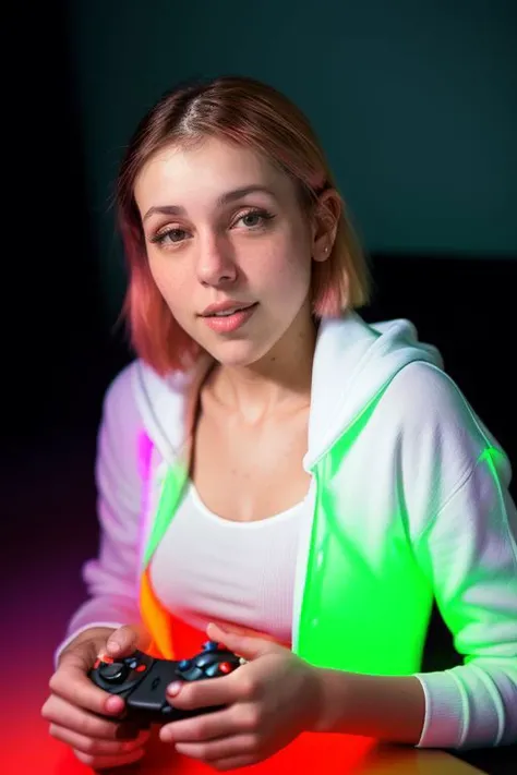 DEN_valy_SG,
sitting at a computer wearing headphones and playing games (holding a controller:1.2) wearing a hoodie in a (neon lit room:1.3), (gamer:1.2), gaming, gamer girl, games, (purple lighting, neon:1.2),
bokeh, f1.4, 40mm, photorealistic, raw, 8k, textured skin, skin pores, intricate details <lora:epi_noiseoffset2:1>, epiCRealism, <lora:ClothingAdjuster3:-0.8>