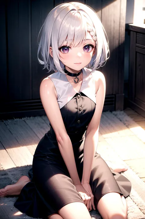 best quality, ultra high res, 1girl, sleeveless white button shirt, black skirt, black choker, cute, (Kpop idol), (aegyo sal:1), (platinum blonde hair:1), ((puffy eyes)), looking at viewer, full body, facing front