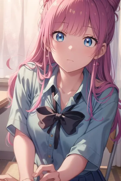 akariwatanabe, <lyco:akariwatanabe-lyco-nochekaiser:1>,
akari watanabe, long hair, blue eyes, pink hair, hair bun, double bun, cone hair bun,
BREAK skirt, shirt, bow, jewelry, pleated skirt, earrings, blue skirt, blue shirt,
BREAK looking at viewer, full body,
BREAK indoors, classroom,
BREAK <lyco:GoodHands-beta2:1>, (masterpiece:1.2), best quality, high resolution, unity 8k wallpaper, (illustration:0.8), (beautiful detailed eyes:1.6), extremely detailed face, perfect lighting, extremely detailed CG, (perfect hands, perfect anatomy),