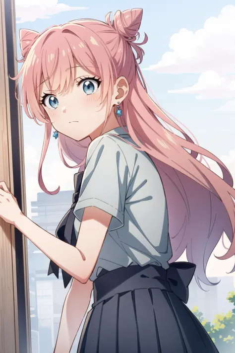 1girl, solo, akari watanabe, long hair, blue eyes, pink hair, hair bun, double bun, cone hair bun, skirt, shirt, bow, jewelry, pleated skirt, earrings, blue skirt, blue shirt, <lora:akariwatanabe-lyco-nochekaiser:1>