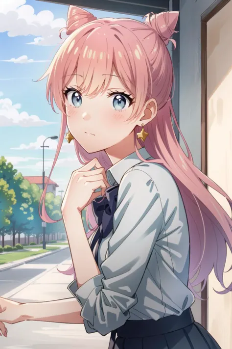 1girl, solo, akari watanabe, long hair, blue eyes, pink hair, hair bun, double bun, cone hair bun, skirt, shirt, bow, jewelry, pleated skirt, earrings, blue skirt, blue shirt, <lora:akariwatanabe-lyco-nochekaiser:1>
