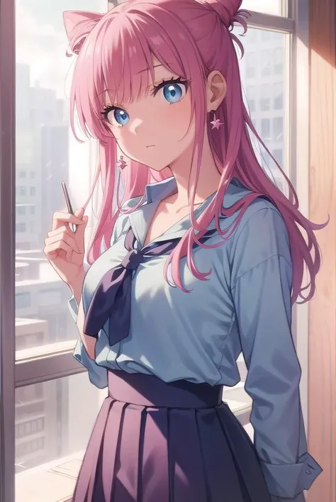 akariwatanabe, <lyco:akariwatanabe-lyco-nochekaiser:1>,
akari watanabe, long hair, blue eyes, pink hair, hair bun, double bun, cone hair bun,
BREAK skirt, shirt, bow, jewelry, pleated skirt, earrings, blue skirt, blue shirt,
BREAK looking at viewer, full body,
BREAK indoors, classroom,
BREAK <lyco:GoodHands-beta2:1>, (masterpiece:1.2), best quality, high resolution, unity 8k wallpaper, (illustration:0.8), (beautiful detailed eyes:1.6), extremely detailed face, perfect lighting, extremely detailed CG, (perfect hands, perfect anatomy),