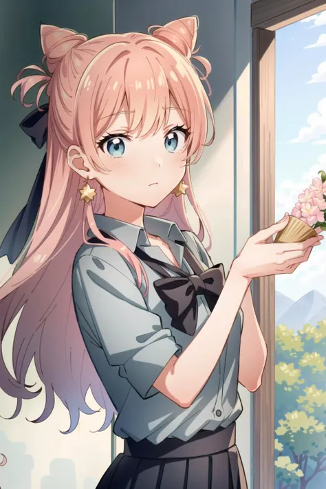 1girl, solo, akari watanabe, long hair, blue eyes, pink hair, hair bun, double bun, cone hair bun, skirt, shirt, bow, jewelry, pleated skirt, earrings, blue skirt, blue shirt, <lora:akariwatanabe-lyco-nochekaiser:1>
