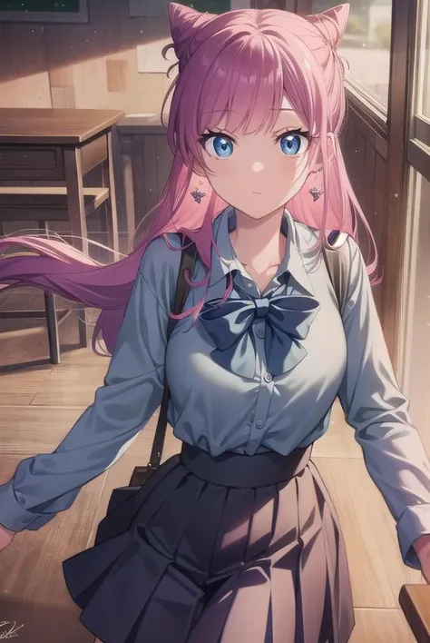 akariwatanabe, <lyco:akariwatanabe-lyco-nochekaiser:1>,
akari watanabe, long hair, blue eyes, pink hair, hair bun, double bun, cone hair bun,
BREAK skirt, shirt, bow, jewelry, pleated skirt, earrings, blue skirt, blue shirt,
BREAK looking at viewer, full body,
BREAK indoors, classroom,
BREAK <lyco:GoodHands-beta2:1>, (masterpiece:1.2), best quality, high resolution, unity 8k wallpaper, (illustration:0.8), (beautiful detailed eyes:1.6), extremely detailed face, perfect lighting, extremely detailed CG, (perfect hands, perfect anatomy),