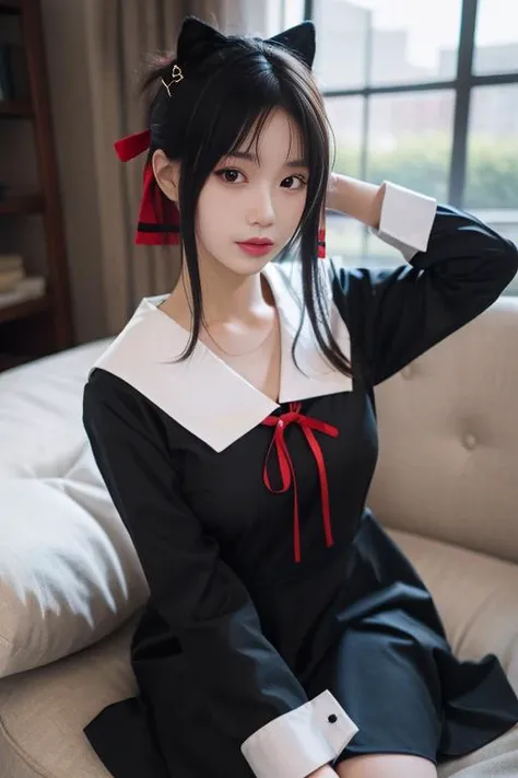 ultra-detailed,highly detailed,best quality,masterpiece,illustration,nsfw,
1girl, kaguya,shinomiya kaguya, cosplay,hair ribbon, folded hair,
shuuchiin academy school uniform,spring uniform,long sleeves, sailor collar,pinafore dress,
indoors, looking at viewer, 
<lora:kaguya_spr_v1_05:0.6>