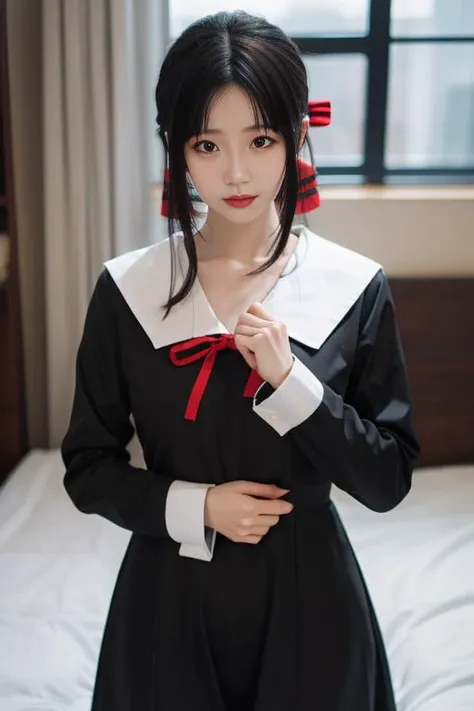 ultra-detailed,highly detailed,best quality,masterpiece,illustration,nsfw,
1girl, kaguya,shinomiya kaguya, cosplay,hair ribbon, folded hair,
shuuchiin academy school uniform,spring uniform,long sleeves, sailor collar,pinafore dress,
indoors, looking at viewer,
<lora:kaguya_spr_v1_05:0.6>