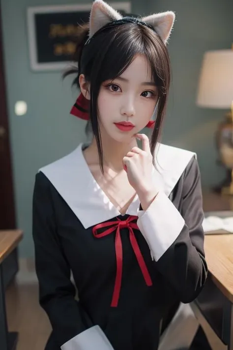 ultra-detailed,highly detailed,best quality,masterpiece,illustration,nsfw,
1girl, kaguya,shinomiya kaguya, cosplay,hair ribbon, folded hair,
shuuchiin academy school uniform,spring uniform,long sleeves, sailor collar,pinafore dress,
indoors, looking at viewer, 
<lora:kaguya_spr_v1_05:0.6>