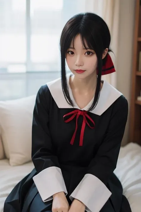 ultra-detailed,highly detailed,best quality,masterpiece,illustration,nsfw,
1girl, kaguya,shinomiya kaguya, cosplay,hair ribbon, folded hair,
shuuchiin academy school uniform,spring uniform,long sleeves, sailor collar,black dress,white white sailor collar,
indoors, looking at viewer,
<lora:kaguya_spr_v1_05:0.6>