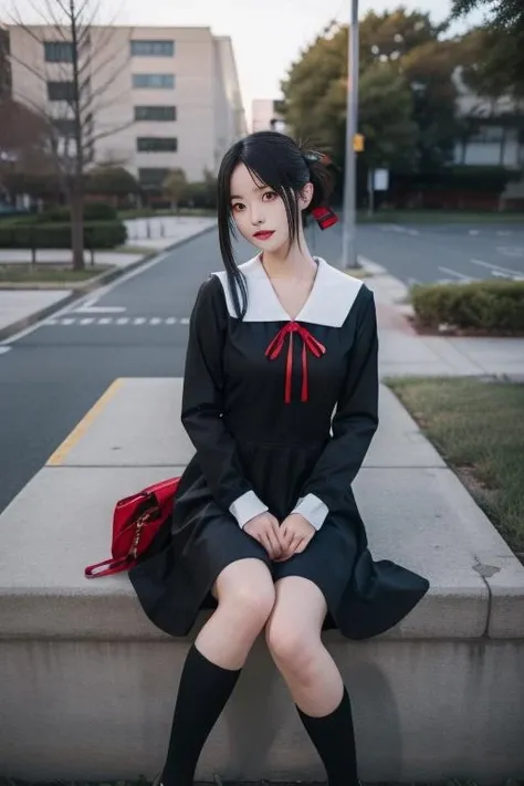 ultra-detailed,highly detailed,best quality,masterpiece,illustration,nsfw,
1girl, kaguya,shinomiya kaguya, cosplay,hair ribbon, folded hair,
shuuchiin academy school uniform,spring uniform,long sleeves, sailor collar,pinafore dress,loafers,
outdoors, looking at viewer,
<lora:kaguya_spr_v1_05:0.6>
