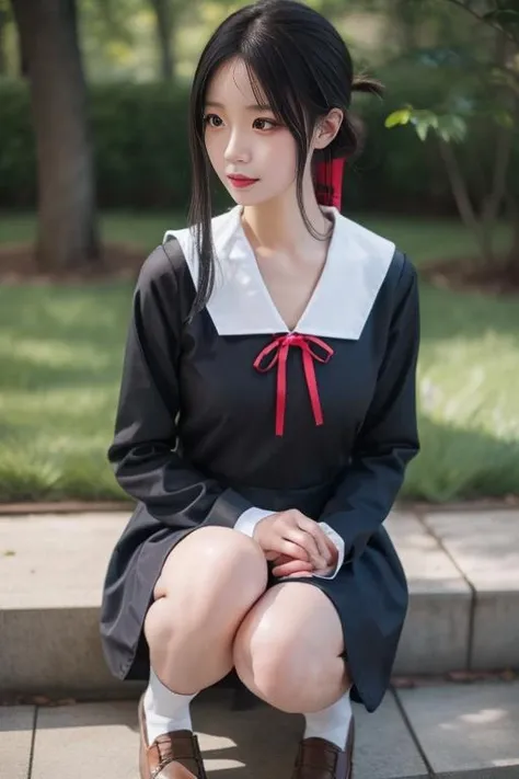 ultra-detailed,highly detailed,best quality,masterpiece,illustration,nsfw,
1girl, kaguya,shinomiya kaguya, cosplay,hair ribbon, folded hair,
shuuchiin academy school uniform,spring uniform,long sleeves, sailor collar,pinafore dress,loafers, 
outdoors, looking at viewer, 
<lora:kaguya_spr_v1_05:0.6>