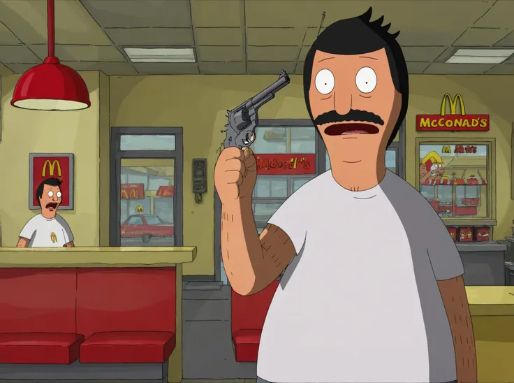 bob belcher yelling and pointing a 0.44 Magnum Revolver at his head in a McDonalds, 2d, <lora:Bob_Belcher_Bobs_Burgers_-_SDXL:0.8>, <lora:0.44 magnum revolver:0.8>