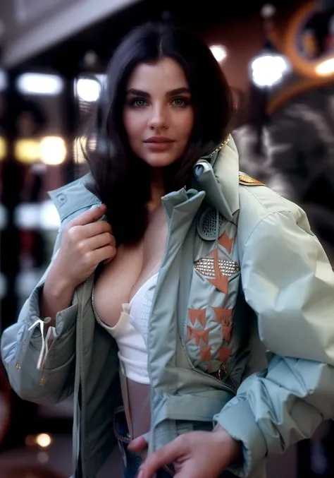 (sharp focus:1.2), photo, attractive young woman, (beautiful face:1.1), detailed eyes, luscious lips, (winged eyeliner:0.85), (tight body:1.2), (dark hair:1.2), wearing (jacket:1.2) at a (shop:1.2). (moody lighting:1.2), depth of field, bokeh, 4K, HDR. by (James C. Christensen:1.2|Jeremy Lipking:1.1).