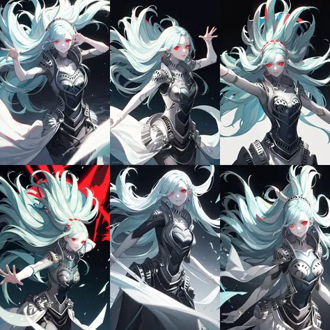 (otherworldly, otherworldly atmosphere, otherworldly appearance), highly insanely detailed, masterpiece, top quality, best quality, highres, 4k, 8k, RAW photo, (long_hair, long hair), collar, earrings, jewelry, 
(random colors cloth, random colors hair, random long hair, dynamic hair, glowing hair), 
sparking lips, eyeliner, makeup, hair over one eye, 
(dynamic pose), (dynamic weather), 
1girl, solo, 
<lora:zs_Ariadne:1>,  ariadnep4, long hair, red eyes, colored skin, android, 
(smiling at viewer), (fantasy world)