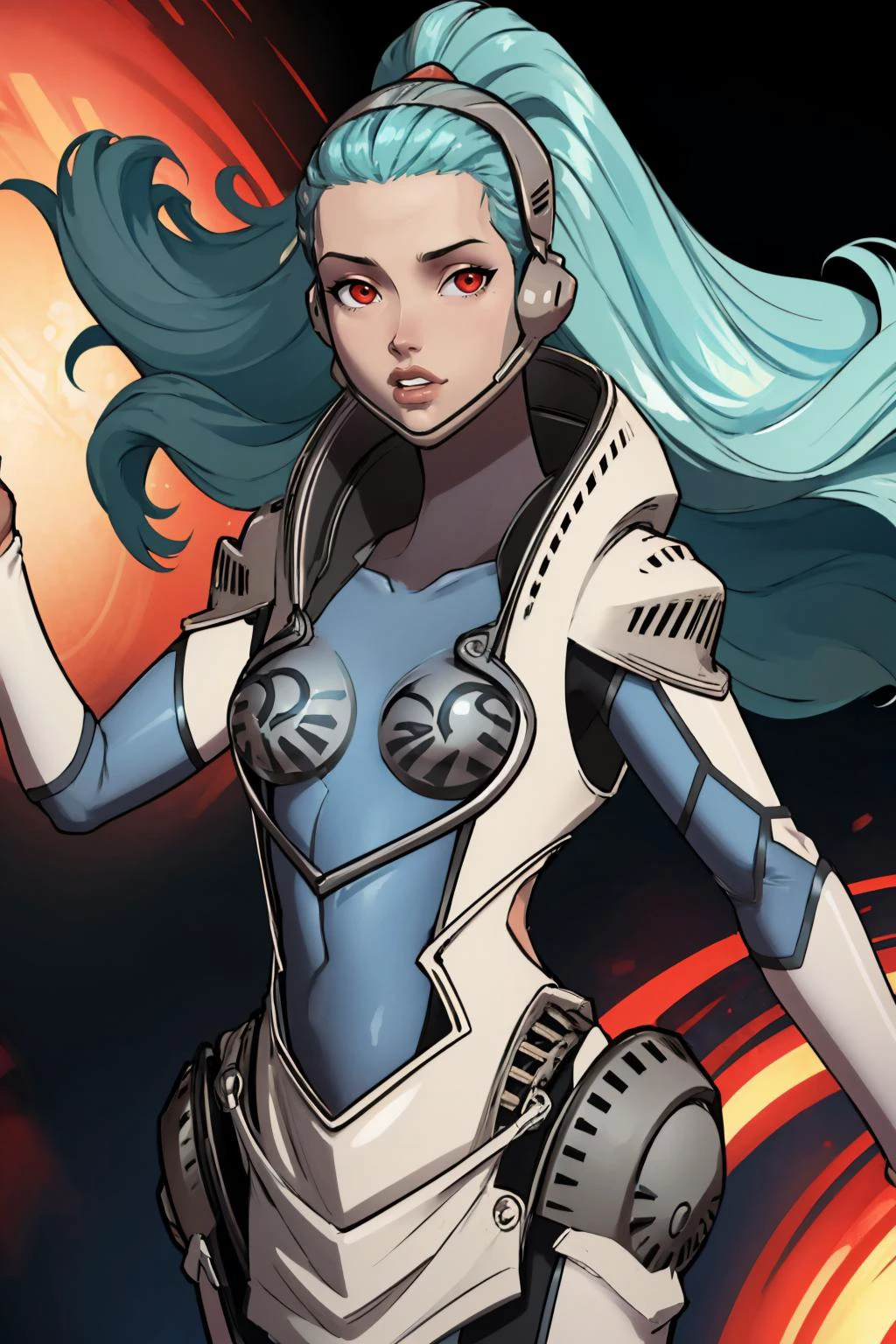 (masterpiece, best quality:1.2), 1girl, solo, looking at viewer, <lora:mrpotatoparty:0.95> mrpotatoparty, <lora:zs_Ariadne:1> ariadnep4, long hair, red eyes, colored skin, android, floating hair