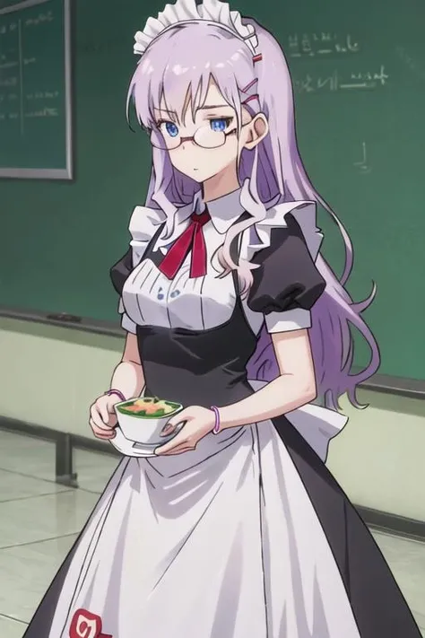 best quality, masterpiece, highres, solo, {maid:1.40}, {long maid dress:1.15}, {neko_imocho:1.15}, glasses, long_hair, purple_hair, purple_eyes, hair_ornament, hairclip, blue_eyes