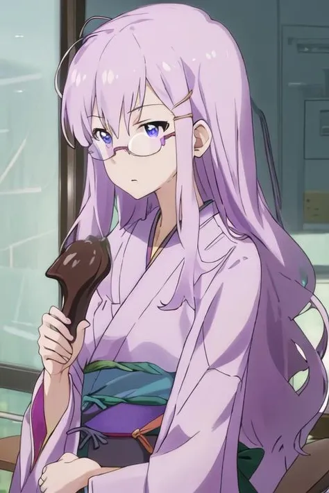 best quality, masterpiece, highres, solo, {neko_imocho:1.15}, glasses, long_hair, purple_hair, purple_eyes, hair_ornament, hairclip, blue_eyes, 1girl, japanese_clothes, anime_coloring, kimono