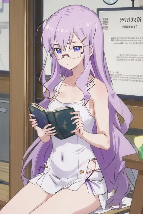 best quality, masterpiece, highres, solo, {neko_imocho:1.15}, glasses, long_hair, purple_hair, purple_eyes, hair_ornament, hairclip, blue_eyes