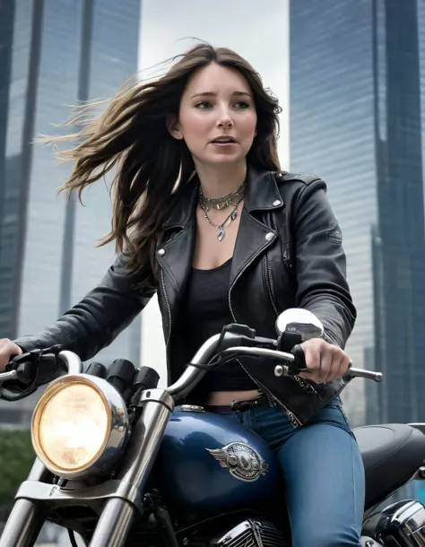 In the dystopian city, Kate stood confidently atop her sleek motorcycle, the wind blowing through her long dark hair, a small mole visible under her eye and an intricate necklace peeking out from beneath her fitted leather jacket, her lips parted slightly as she flashed a seductive yet realistic smile with blue eyes that held a hint of playfulness, while jewelry adorned her wrists and piercings on the side of her nose caught the light, making this lone female rider appear both strong and alluring against the backdrop of towering skyscrapers. <lora:zvlxkq18f5fce48a2ja9:1>