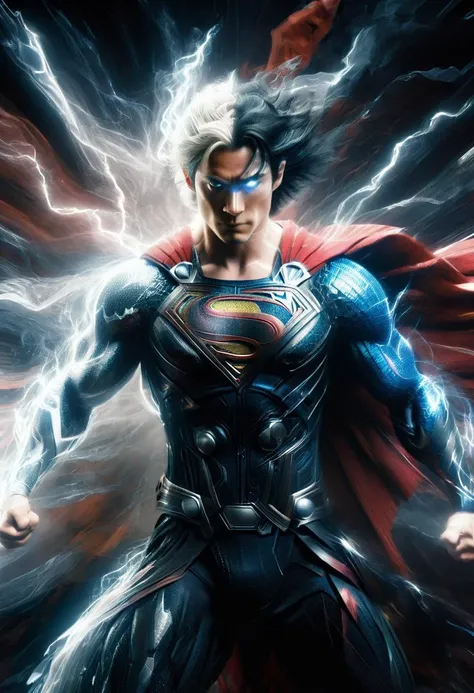 On the left side of the body is Superman, and on the right side is Thor
wabstyle, glowing,two-tone hair, 1man, cinematic angle, motion blur, looking at viewer, <lora:wabstyleSDXL:0.8>