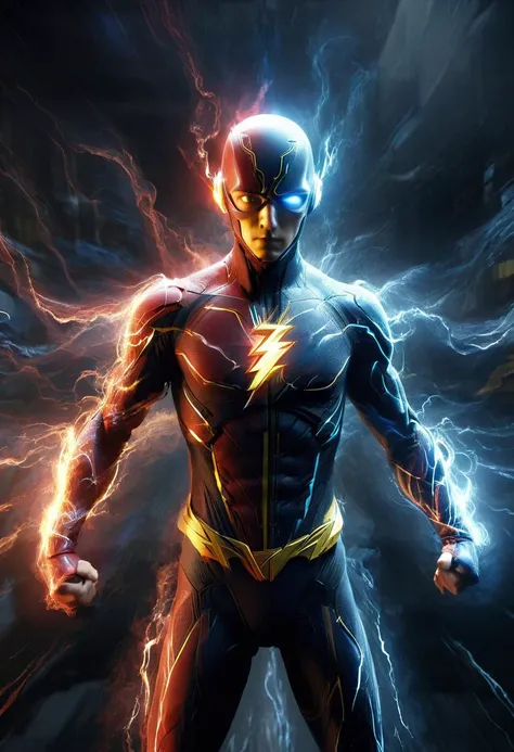 On the left side of the body is the Red suit and yellow Flash, and on the right side is the black suit and blue Zoom
wabstyle, glowing, 1man, cinematic angle, motion blur, looking at viewer, <lora:wabstyleSDXL:0.7>