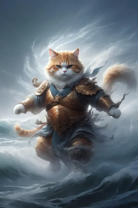 masterpiece, professional artwork, wabstyle, painting of a chubby orange warrior cat, wearing ornate robes, light armor, dynamic action pose, light fog, desolation, ocean waves, wispy water, <lora:wabstyleSDXL:.7>