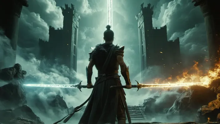 wabstyle, Final Showdown,Unreal Engine 5 render style, looking back
The man holding a glowing sword, stood in the clouds, facing a huge palace gate that stood tall in the clouds and emitted light. Inside the gate were many ancient buildings
strong contrast, dramatic Lighting, fashionable Gray tones, Tsutomu Nihei, cinematic film style, special effects, VFX, award-winning picture, highly detailed, ultra-high resolutions, 32K UHD, sharp focus, best quality, masterpieceThe left half is a golden flame, burning justice and light, while the right half is a black frost, freezing evil and darkness<lora:wabstyleSDXL:0.6><lora:çæ¢¦å·¥ä¸___æç»å¯¹å³XL_v1.0:1> <lora:add-detail-xl:1>