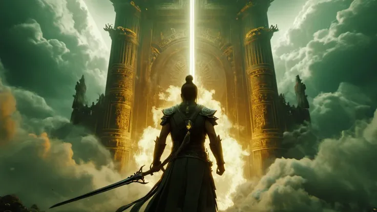 wabstyle, Final Showdown,Unreal Engine 5 render style, looking back
The man holding a glowing sword, stood in the clouds, facing a huge palace gate that stood tall in the clouds and emitted light. Inside the gate were many ancient buildings
strong contrast, dramatic Lighting, fashionable Gray tones, Tsutomu Nihei, cinematic film style, special effects, VFX, award-winning picture, highly detailed, ultra-high resolutions, 32K UHD, sharp focus, best quality, masterpieceThe left half is a golden flame, burning justice and light, while the right half is a black frost, freezing evil and darkness<lora:wabstyleSDXL:0.6><lora:çæ¢¦å·¥ä¸___æç»å¯¹å³XL_v1.0:1> <lora:add-detail-xl:1>