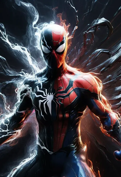 On the left side of the body is red Spider Man, and on the right side is Venom
wabstyle, glowing,two-tone hair, 1man, cinematic angle, motion blur, looking at viewer, <lora:wabstyleSDXL:0.7>