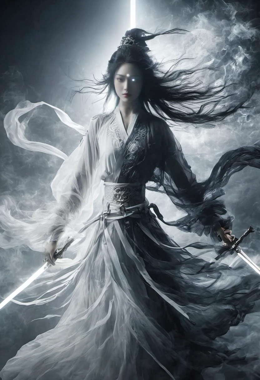Symmetrical art
Double Exposure Style, Volumetric Lighting, leaning forward,light depth, dramatic atmospheric lighting, Volumetric Lighting, double image ghost effect, image combination, double exposure style
(realistic, photorealistic),
white sword, black sword, glowing weapon, dual wielding, yin yang,
wabstyle, glowing, two-tone hair, 1girl, long hair, solo, bare legs, motion blur, looking at viewer, <lora:yinianshenmoSDXL:0.7>
(Glowing ambiance, enchanting radiance, luminous lighting, ethereal atmosphere, mesmerizing glow, evocative hues, captivating coloration, dramatic lighting, enchanting aura), ((moon:1)), (masterpiece, top quality, best quality, official art, beautiful and aesthetic:1.2), extreme detailed,(joshua middleton comic cover art:1.2), (Action painting:1.3),(concretism:1.3),theater dance scene,(hypermaximalistic:1.5),colorful,highest detailed,