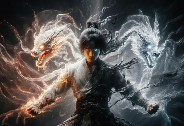 Chinese dragon, like a snake, dragon, wabstyle, glowing,two-tone hair, muscular, 1man, cinematic angle, fisheye, fire, water, motion blur, <lora:wabstyleSDXL:0.8><lora:add-detail-xl:0.4>