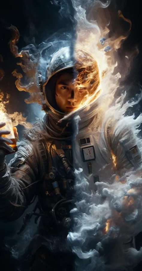 wabstyle, a painting of an astronaut holding a bottle of liquid, The left half is a golden flame, burning justice and light, while the right half is a black frost, freezing evil and darkness, highly detailed, real, glowing, true colors, dramatic, mystical, full perfect composition, elegant, intricate, sharp focus, beautiful, very inspirational, innocent, creative<lora:wabstyleSDXL:0.6> <lora:add-detail-xl:1>