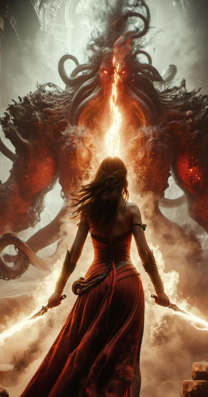A woman in a red dress standing in front of a giant demon - SeaArt AI
