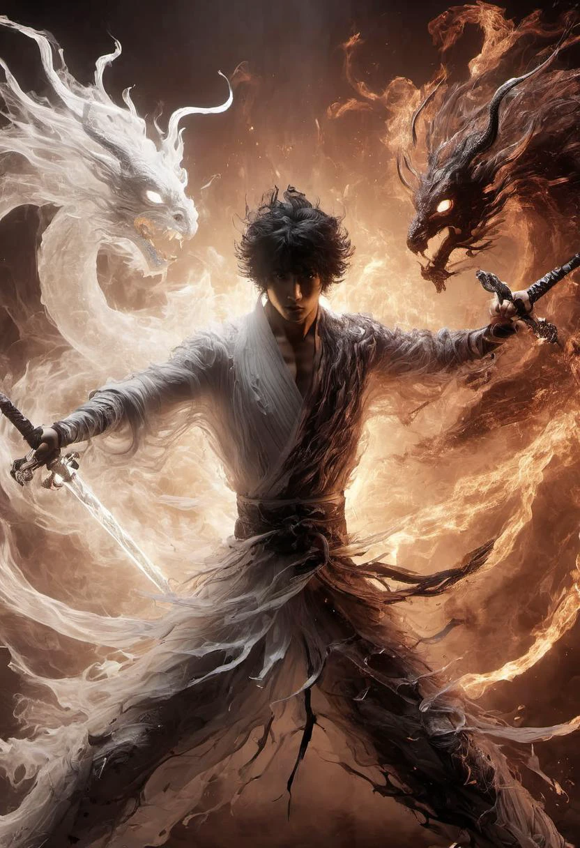 white sword, black sword, glowing weapon, dual wielding, yin yang, keleton,moster,ghost,horn, hell, fighting stance, dual wielding, dragon, fire,
wabstyle, glowing, two-tone hair, (muscular:1.3), 1man, cinematic angle, motion blur, looking at viewer, <lora:yinianshenmoSDXL:0.7> <lora:add-detail-xl:-0.6>