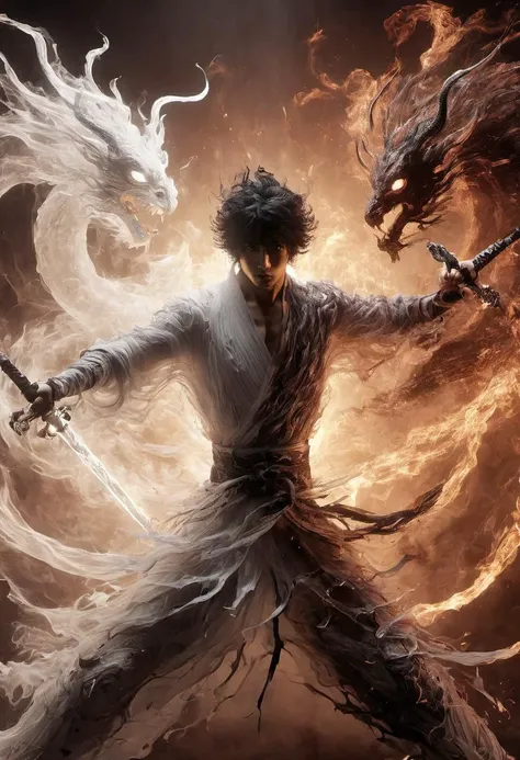 Chinese dragon, like a snake, dragon, wabstyle, glowing,two-tone hair, muscular, 1man, cinematic angle, fisheye, fire, water, motion blur, <lora:wabstyleSDXL:0.85>