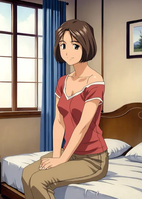 score_9, score_8_up, score_7_up, score_6_up, Detailed Background, BREAK
 <lora:Megumi_Morisato:0.8>, 1girl, Megumi, short hair, brown hair, Bedroom, sitting on bed, smile, window,