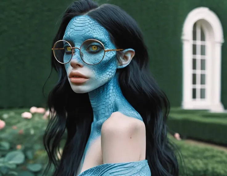 (close up face portrait:1.3), blue reptilian girl , near a (rose garden:1.2), long black hair, narrow long mouth , oversized glasses, (off shoulder wrap dress:1.2), , , , body freckles,scales, <lora:SG2:.8>
