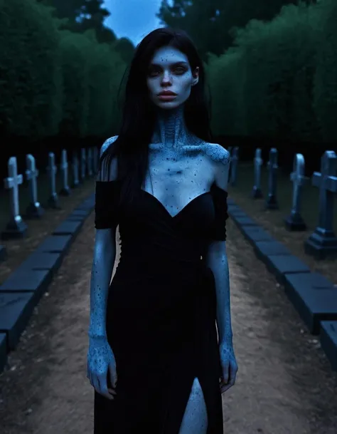 walking around , blue skin reptilian girl , near a (dark graveyard:1.2), long black hair, narrow long mouth, (black off shoulder wrap dress:1.1), , , , body freckles,scales, <lora:SG2:.8>, dimly lit, low light, ((dark night)), poorly lit, dark atmosphere, dark picture, night vision, , found footage, RAW, dusk, midnight, eerie