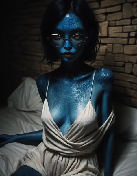 blue reptilian girl , near a (lounging on a bed in a stone wall dungeon:1.2), , slouchy camisole with cut off shorts, , body freckles, oversized glasses <lora:SG2:1>, dimly lit, low light, ((dark night)), poorly lit, dark atmosphere, dark picture, night vision, , found footage, RAW, dusk, midnight, eerie