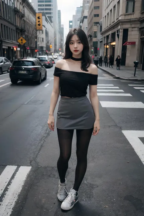 best quality, ultra high res, (photorealistic:1.4), 1girl, off-shoulder black shirt, skirt, black choker, (faded ash gray hair:1), slim, (black pantyhose:1.2), perfect legs, (huge breasts:1), (grey sneakers:1.2), looking at viewer, standing, (wide angle:1.4), <lora:japanesedolllikenessV1_v15:0.7>