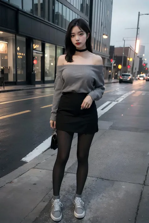 best quality, ultra high res, (photorealistic:1.4), 1girl, off-shoulder black shirt, skirt, black choker, (faded ash gray hair:1), slim, (black pantyhose:1.2), perfect legs, (huge breasts:1), (grey sneakers:1.2), looking at viewer, standing, (wide angle:1.4), <lora:japanesedolllikenessV1_v15:0.7>