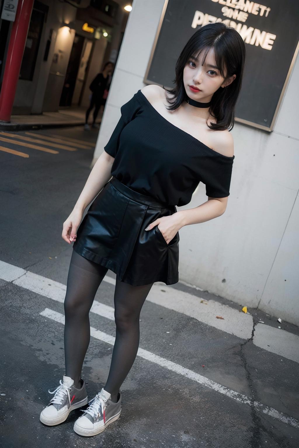 A woman in a black top and black skirt standing on a street - SeaArt AI