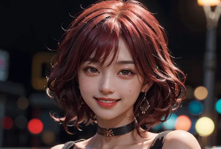 1girl (30yo) stunningly beautiful mature Japanese girl, standing, facing camera, long dynamic black hair with ((red hair)) highlights, realistic skin, subsurface scattering,
black choker, earrings, (smiling:1.4), dimples, standing,
(intricate background),
((cinematic lighting)), professional photograph, dramatic lighting, (deep shadows), backlight, rimlight, ((night, dark, dim)),
<lora:JapaneseDollLikeness_v15:0.2>
8k, raytracing, highest quality, masterpiece