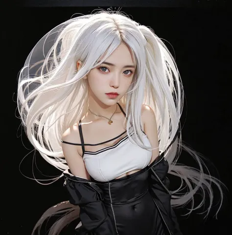 (realistic photograph), long white hair, black background, dark background, looking at viewer, black clothes, standing, midriff
<lora:JapaneseDollLikeness_v15:0.2>