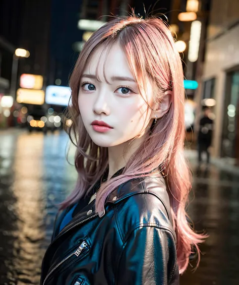 Portrait of girl, ((long pink hair, leather jacket, blue eyes)), street photography, side angle, city streets, ((rain, night, matte colors, dark background)), blushing, looking into camera, (8k, best quality, masterpiece:1.2), (realistic, photo-realistic:1.37), ultra-detailed, 1 girl, cute, solo, beautiful detailed sky, dating, (nose blush), (closed mouth) small breasts, beautiful detailed eyes, realistic, photo, detailed background, hdr,  <lora:japanesedolllikenessV1_v15:1>,  <lora:epiNoiseoffset_v2:1>