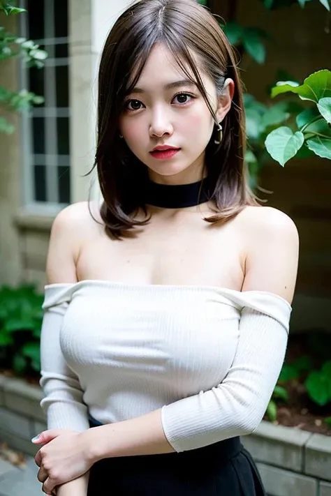 best quality, ultra high res, (photorealistic:1.4), 1girl, off-shoulder white shirt, black tight skirt, black choker, (faded ash gray hair:1), (huge breasts:1.2), looking at viewer, closeup ,<lora:japaneseDollLikeness_v15:0.66>