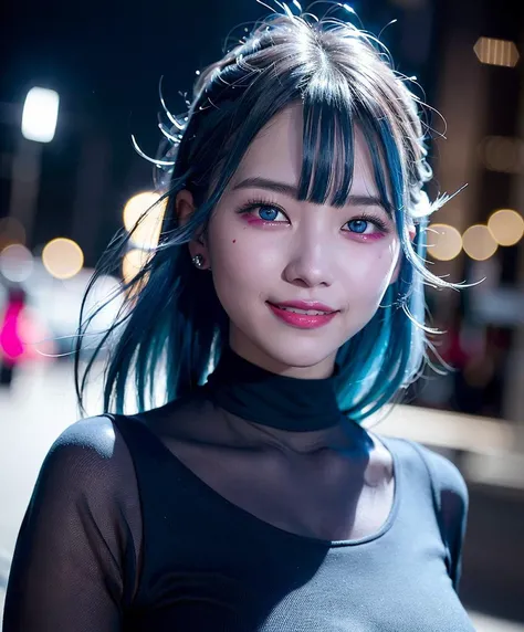 1girl (30yo) stunningly beautiful (Japanese), beautiful realistic face, messy dynamic (blue hair:1.2) (flowing in the wind:1.4),
realistic skin, (vellus), BREAK
looking at viewer, realistic eyes, (smiling:1.5), dimples, (separated-lips, open mouth), red-lips,
see-through shirt, long sleeves, cleavage,
asian (eye liner), sparkly eye shadow, mascara,
(night:1.5), city,
dramatic (dramatic lighting:1.8), (deep-shadows:1.5), (moody:1.5), (dark-background:1.2), depth of field, chromatic aberration, bokeh, raytracing
highres, 8k, high quality, masterpiece, professional photograph
<lora:JapaneseDollLikeness_v15:0.6>