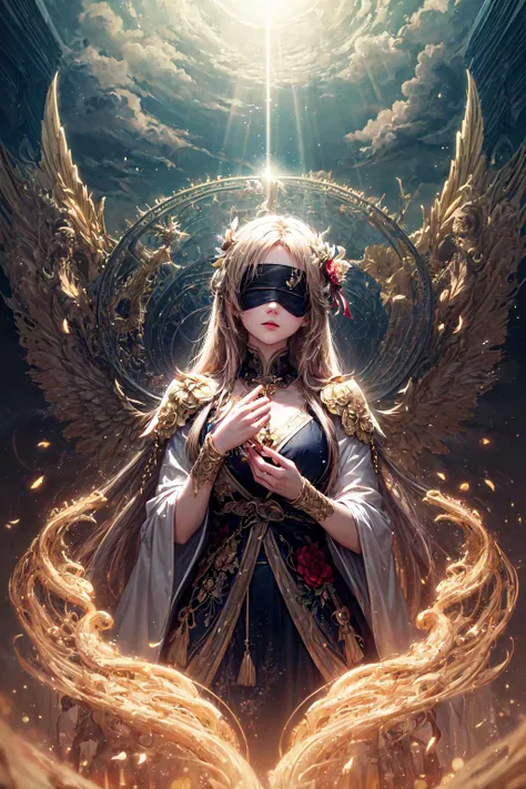 (masterpiece, top quality, best quality, official art, beautiful and aesthetic:1.2), (fractal art:1.3), (1girl), angel, (blindfold), very long hair, absurdly detailed clothes, in the sky, detailed cloud, sunny day, (colorful:1.2), highest detailed, cinematic light, (magical portal), holy light, (golden particles), (light beams), <lora:add_detail:1>, <lora:japaneseDollLikeness_v15:0.25>, <lora:taiwanDollLikeness_v20:0.15>