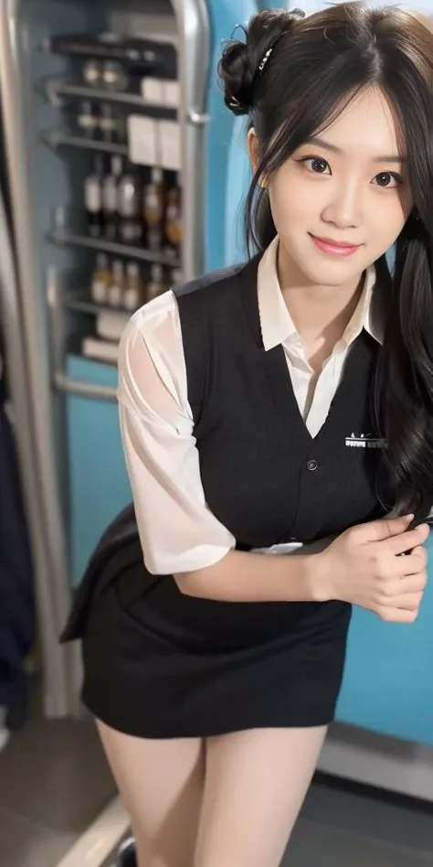 incredibly_absurdres, huge_filesize, (realistic, photo-realistic:1.4), ultra detailed, 4k, raw photo, (masterpiece:1.2), (best quality:1.2), physically-based rendering, (ulzzang-6500-v1.1:1.2), (original photo:1.2), (realistic:1.4), HD quality, day, in spring, beautiful detailed sky, beautiful flower field, beautiful peach blossom trees, jwy1, 1girl,  (stewardess:1.2), solo, bishoujo, cute, black hair, hair bun, forehead, beautiful detailed face, beautiful detailed eyes, aqua eyes, longeyelashes, cute face, looking at viewer, light smile, nose blush , (((closed mouth))), stewardess shirt, stewardess miniskirt,  zettai ryouiki, (see-through black half stocking:1.2), Stewardess shoes, long legs, slim legs,  (detailed realistic skin, detailed beautiful realistic natural face:1.2),  arms behind back , (dynamic angle, dynamic pose:1.1), (slender, medium detailed breasts, thin waist, medium thighs, tight ass, perfect figure:1.1),  (glossy skin:1), light on the face, (cinematic light), lens flare, shade, backlighting, depth of field,(professional cinematic lighting, backlighting)