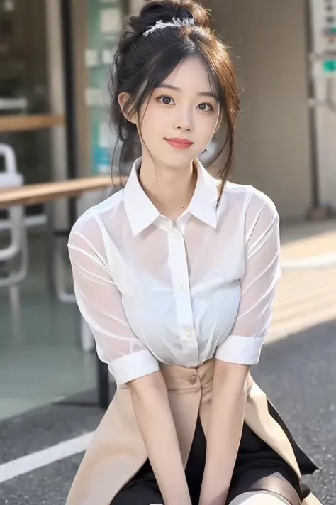 incredibly_absurdres, huge_filesize, (realistic, photo-realistic:1.4), ultra detailed, 4k, raw photo, (masterpiece:1.2), (best quality:1.2), physically-based rendering, (ulzzang-6500-v1.1:1.2), (original photo:1.2), (realistic:1.4), HD quality, day, in spring, beautiful detailed sky, beautiful flower field, beautiful peach blossom trees, jwy1, 1girl, (stewardess:1.2), solo, bishoujo, cute, black hair, hair bun, forehead, beautiful detailed eyes, aqua eyes, longeyelashes, cute face, looking at viewer, light smile, nose blush , (((closed mouth))), wedding_dress, bare_shoulders, mini skirt, zettai ryouiki, (see-through black half stocking:1.2), Stewardess shoes, long legs, slim legs, (detailed realistic skin, detailed beautiful realistic natural face:1.2), arms behind back , (dynamic angle, dynamic pose:1.1), (slender, medium detailed breasts, thin waist, medium thighs, tight ass, perfect figure:1.1), (glossy skin:1), light on the face, (cinematic light), lens flare, shade, backlighting, depth of field,(professional cinematic lighting, backlighting)