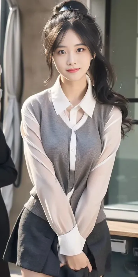 incredibly_absurdres, huge_filesize, (realistic, photo-realistic:1.4), ultra detailed, 4k, raw photo, (masterpiece:1.2), (best quality:1.2), physically-based rendering, (ulzzang-6500-v1.1:1.2), (original photo:1.2), (realistic:1.4), HD quality, day, in spring, beautiful detailed sky, beautiful flower field, beautiful peach blossom trees, jwy1, 1girl, (stewardess:1.2), solo, bishoujo, cute, black hair, hair bun, forehead, beautiful detailed face, beautiful detailed eyes, aqua eyes, longeyelashes, cute face, looking at viewer, light smile, nose blush , (((closed mouth))), stewardess shirt, stewardess miniskirt, zettai ryouiki, (see-through black half stocking:1.2), Stewardess shoes, long legs, slim legs, (detailed realistic skin, detailed beautiful realistic natural face:1.2), arms behind back , (dynamic angle, dynamic pose:1.1), (slender, medium detailed breasts, thin waist, medium thighs, tight ass, perfect figure:1.1), (glossy skin:1), light on the face, (cinematic light), lens flare, shade, backlighting, depth of field,(professional cinematic lighting, backlighting)